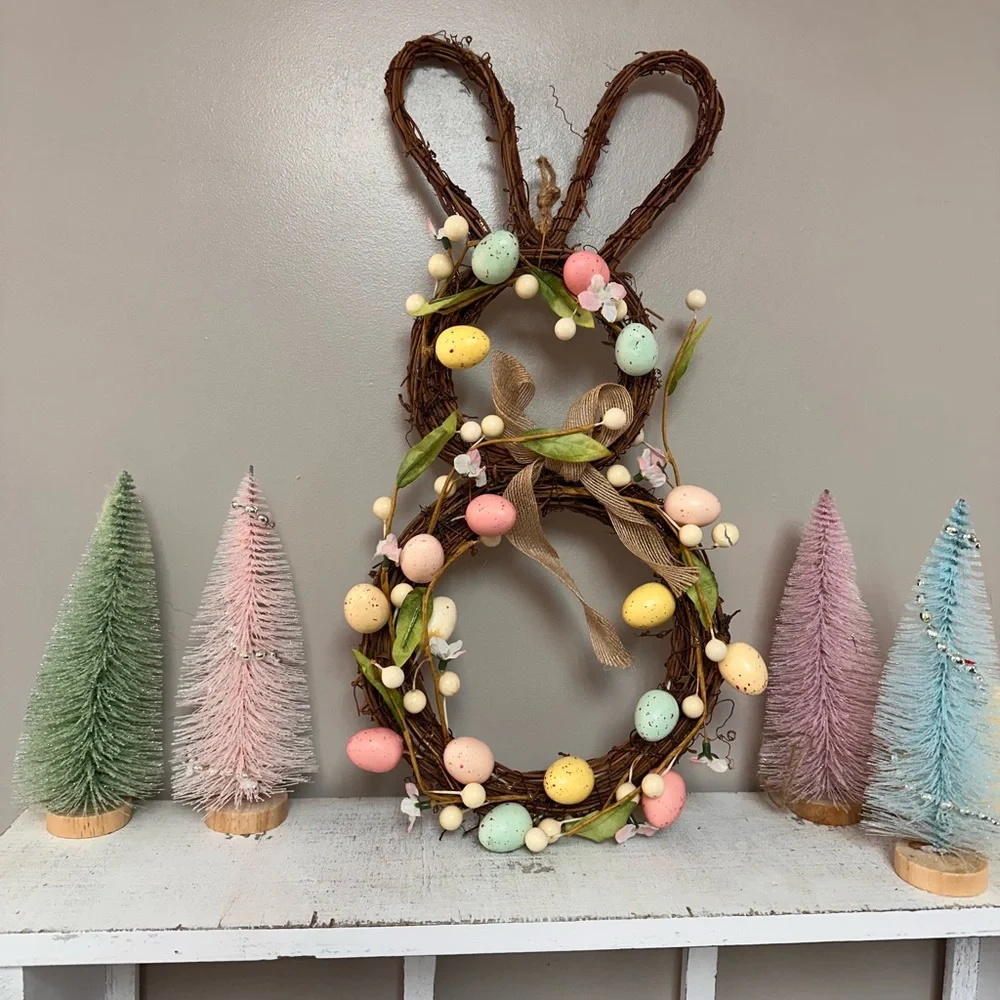 Easter Bunny Grapevine Wreath with Pastel Eggs